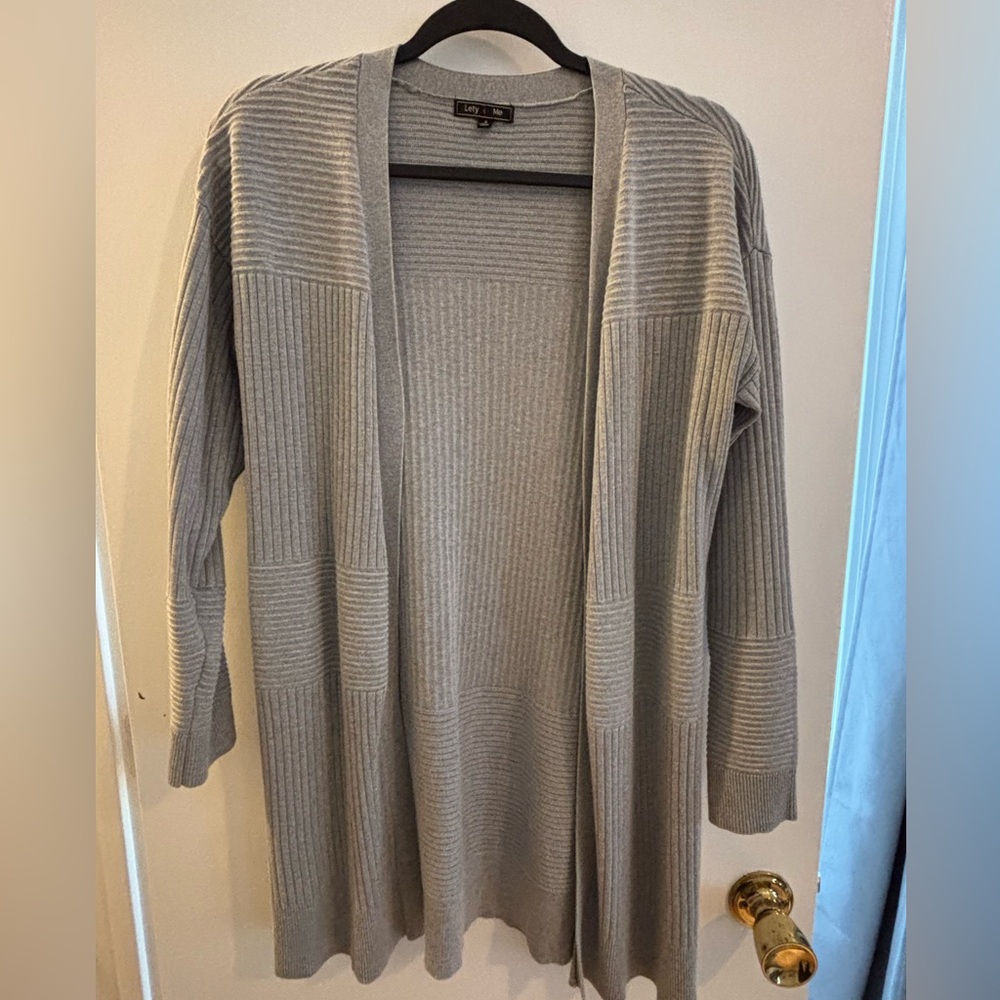 Gray Ribbed Open-Front Cardigan